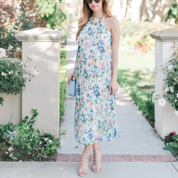 LIKELY Midi Dress 8 Chiffon Sheath Pleated Halter Floral Flowy Party Coquette - Picture 12 of 12